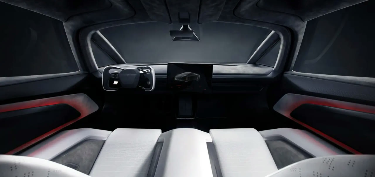 Roadster cabin with yoke steering, centre display and four seats